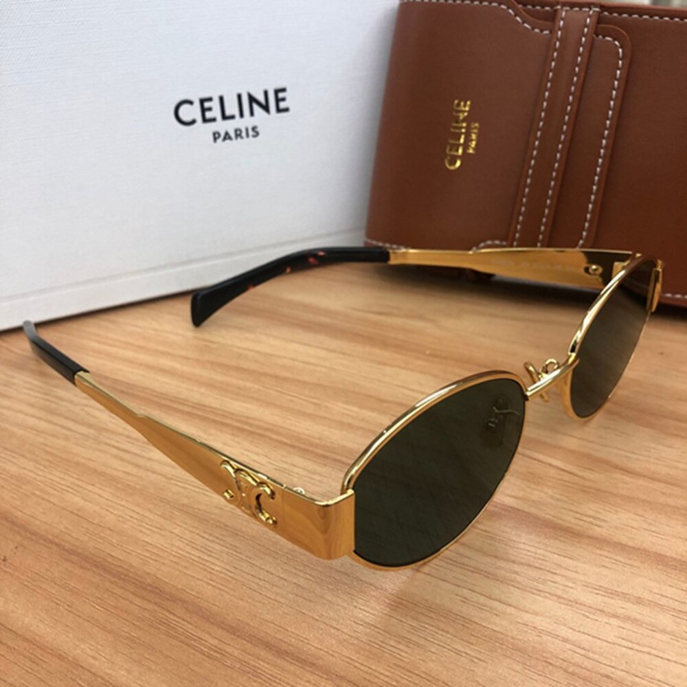 Celine Triomphe Gold Metal Sunglasses with Green Lenses